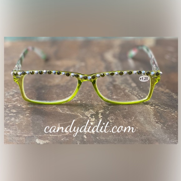 Translucent Chartreuse Camo W/Chartreuse Crystals Bling Reader Glasses With Case - Picture 3 of 11